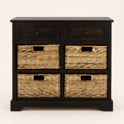 Studio front | dark brown cabinet with two drawers over four natural wicker baskets
