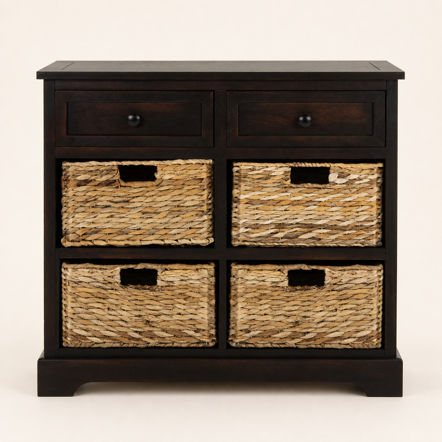 Studio front | dark brown cabinet with two drawers over four natural wicker baskets