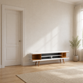 Scale | White and maple TV stand beside a full-height interior doorway