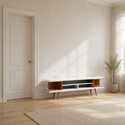 Scale | White and maple TV stand beside a full-height interior doorway