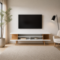 Warm white room | Glossy white and maple open-shelf TV stand below a blank wall TV in a bright living room