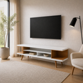 Warm white angle | Three-quarter view of the TV stand in the bright warm-white living room