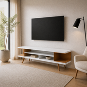 Warm white angle | Three-quarter view of the TV stand in the bright warm-white living room
