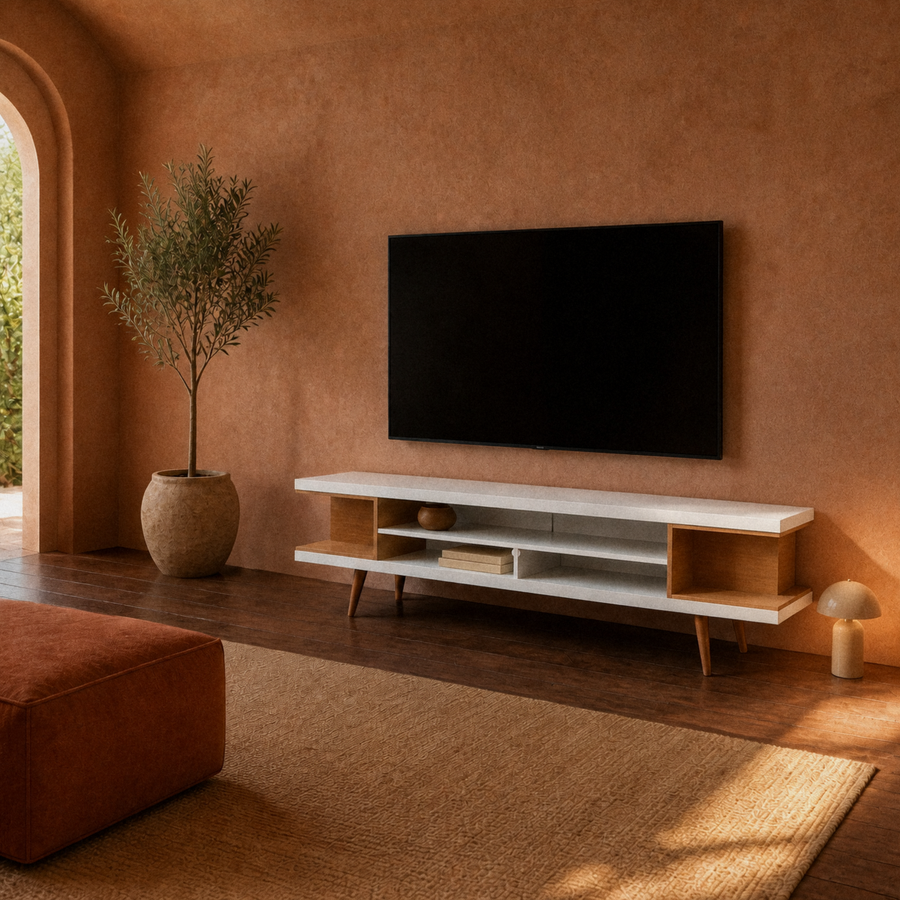 Terracotta room | White and maple open-shelf TV stand below a blank wall TV in a clay-toned room