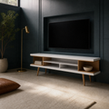 Dark library | White and maple open-shelf TV stand below a blank wall TV in a blue-green media room
