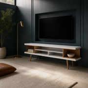 Dark library | White and maple open-shelf TV stand below a blank wall TV in a blue-green media room