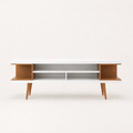 Front | Straight-on studio view of the white and maple open-shelf TV stand