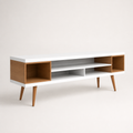 Studio angle | Front-left studio view showing the maple side cubby and white open shelves