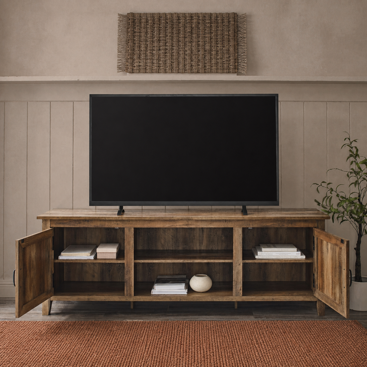 Varnholt Haldarsvik Wood Tv Stand in a restyled supplier room | Pipeline B room-shell edit 3