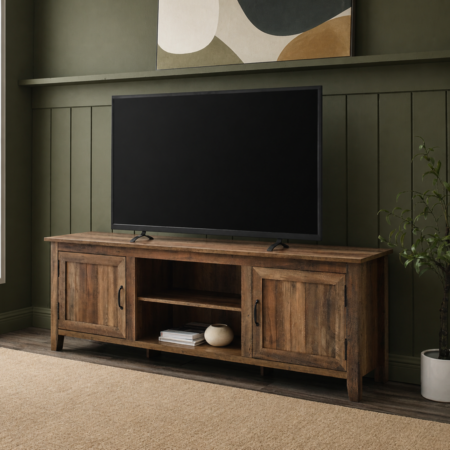 Varnholt Haldarsvik Wood Tv Stand in a restyled supplier room | Pipeline B room-shell edit 1