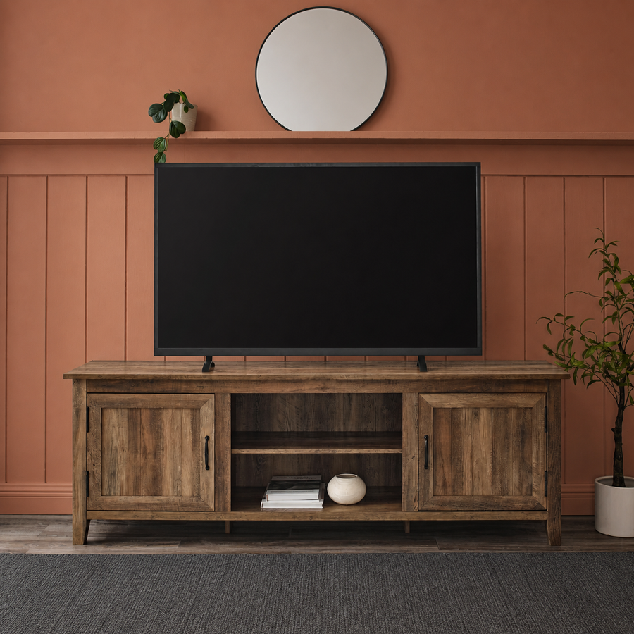 Varnholt Haldarsvik Wood Tv Stand in a restyled supplier room | Pipeline B room-shell edit 2