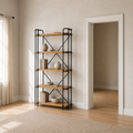 In scale | 66.75-inch ladder bookcase beside a fully visible standard interior doorway