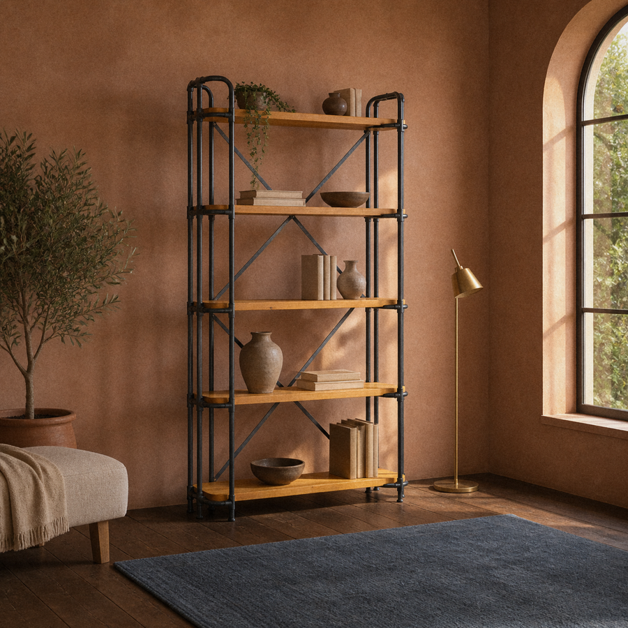 Terracotta room | ladder bookcase shown with books, pottery, and a trailing plant in golden afternoon light