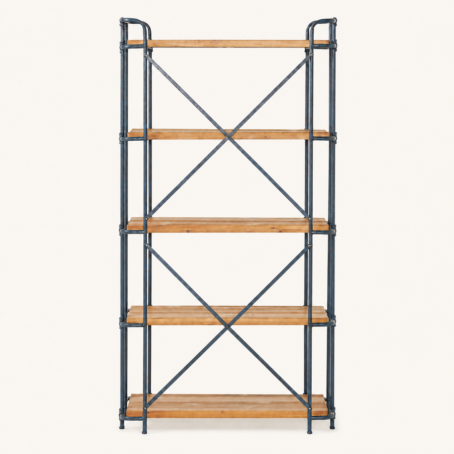 Front | five honey fir shelves with charcoal pipe side frames and two thin rear X-braces