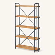 Studio angle | right-front view showing five fir shelves, open side depth, pipe rails, and rear braces