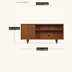 Dimensions | front view with drawn labels for 54 inch width, 24 inch height, and 16.75 inch depth