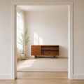 In scale | mahogany cherry TV stand shown small within a full floor-to-ceiling doorway opening