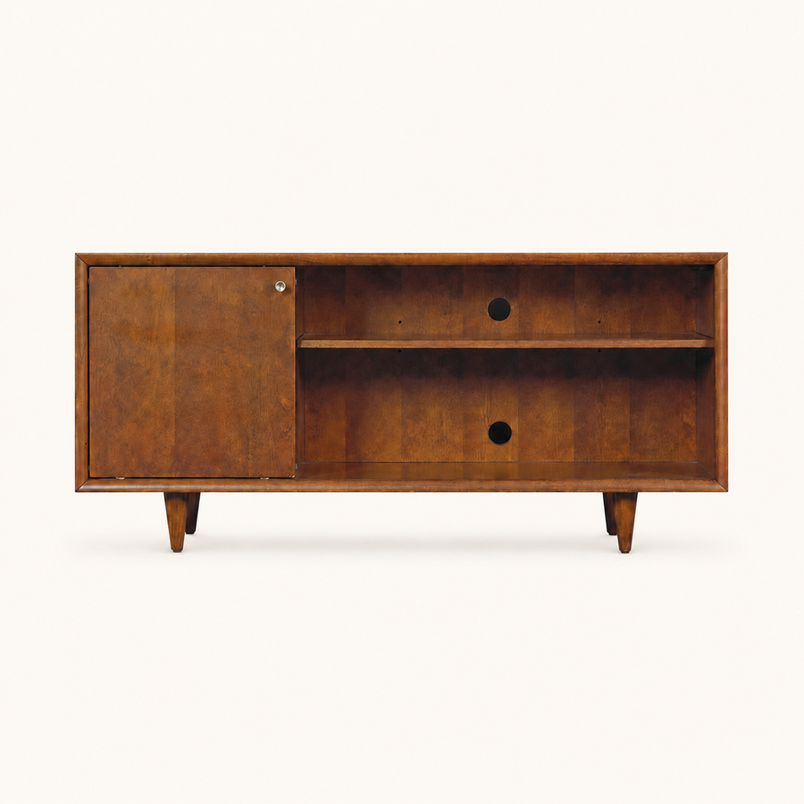Front | mahogany cherry TV stand on a clean studio ground with one sliding door, two open shelves, cable ports, and four tapered legs