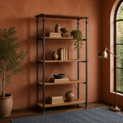 Terracotta room | etagere shown from a left-corner view with books, pottery, and a trailing plant