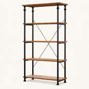 Studio angle | right-front view showing five shelves, four black posts, and open side depth