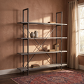 In a room | same etagere in a clay terracotta room with dark walnut floor, window at right
