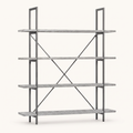Front | antique black iron etagere bookcase centered on a paper studio ground, four natural wood shelves and X-cross bracing