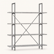 Front | antique black iron etagere bookcase centered on a paper studio ground, four natural wood shelves and X-cross bracing