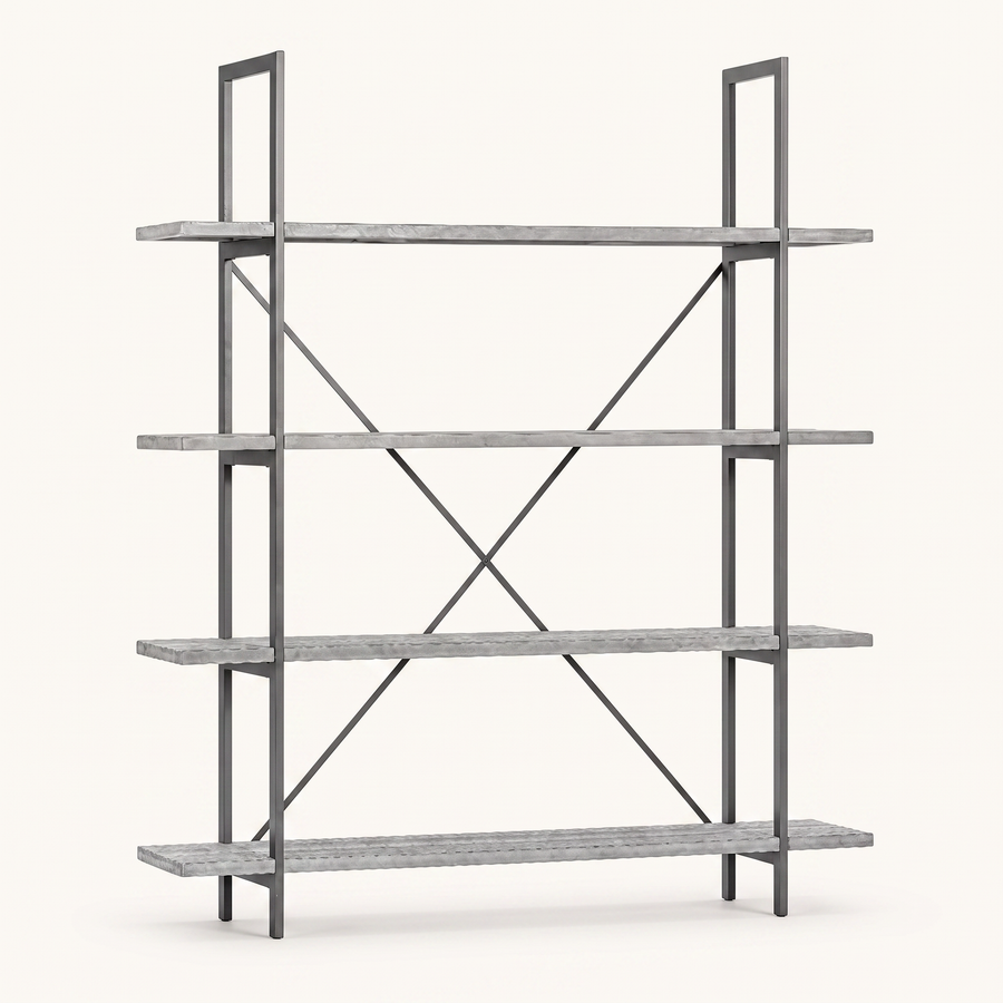 Front | antique black iron etagere bookcase centered on a paper studio ground, four natural wood shelves and X-cross bracing