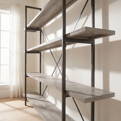 Angle | same living room, the four-shelf etagere seen from a three-quarter turn near the window