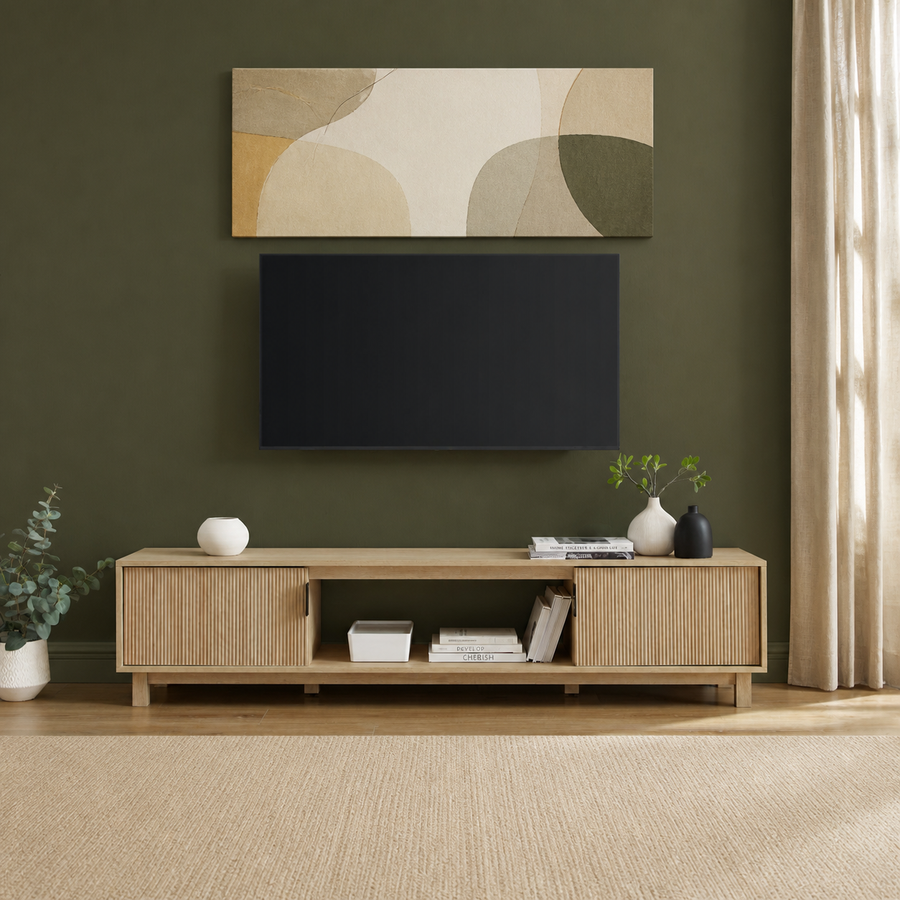 Varnholt Hvannasund Reeded Tv Stand in a restyled supplier room | Pipeline B room-shell edit 1
