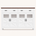 Front | white sideboard centered on paper, dark wood-tone top, four X-brace glass doors and two drawers with black hardware