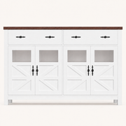Front | white sideboard centered on paper, dark wood-tone top, four X-brace glass doors and two drawers with black hardware