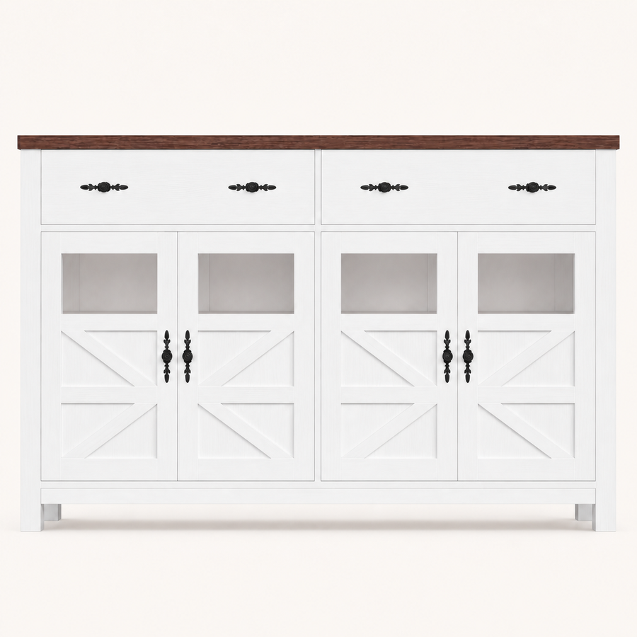 Front | white sideboard centered on paper, dark wood-tone top, four X-brace glass doors and two drawers with black hardware
