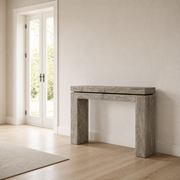 Scale | Weathered Wheat solid-pine console table beside a full-height doorway