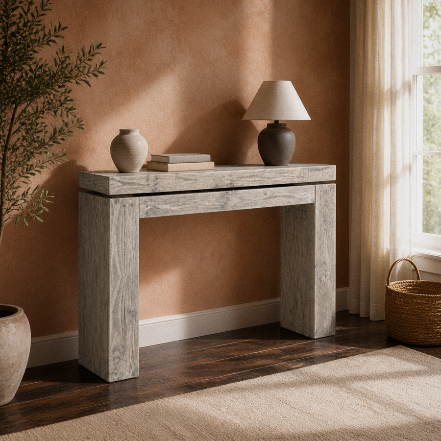 Terracotta entry | Weathered Wheat solid-pine console table with a floating top and two block legs