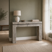 Sage entry | Weathered Wheat solid-pine console table with a floating top and two block legs
