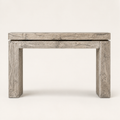 Front | Weathered Wheat solid-pine console table with a thick top, wide apron, and two block legs on a studio background