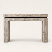 Front | Weathered Wheat solid-pine console table with a thick top, wide apron, and two block legs on a studio background