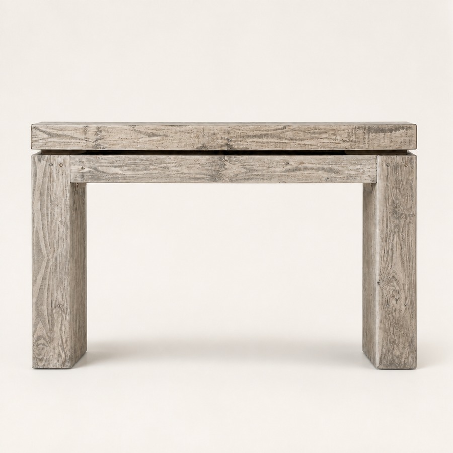 Front | Weathered Wheat solid-pine console table with a thick top, wide apron, and two block legs on a studio background