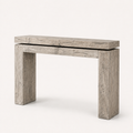 Studio angle | Three-quarter view of the Weathered Wheat solid-pine console table showing its shallow depth