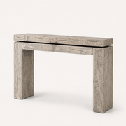 Studio angle | Three-quarter view of the Weathered Wheat solid-pine console table showing its shallow depth