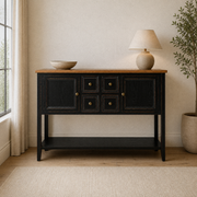In a room | black console with a natural brown wood top in a warm ivory entry hall beside a curtained window