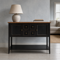 In a room | black console with a natural brown wood top in a cool blue-gray living room