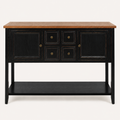 Front | front studio view of the black console with natural brown wood top, two doors, four drawers, and lower shelf