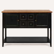 Front | front studio view of the black console with natural brown wood top, two doors, four drawers, and lower shelf