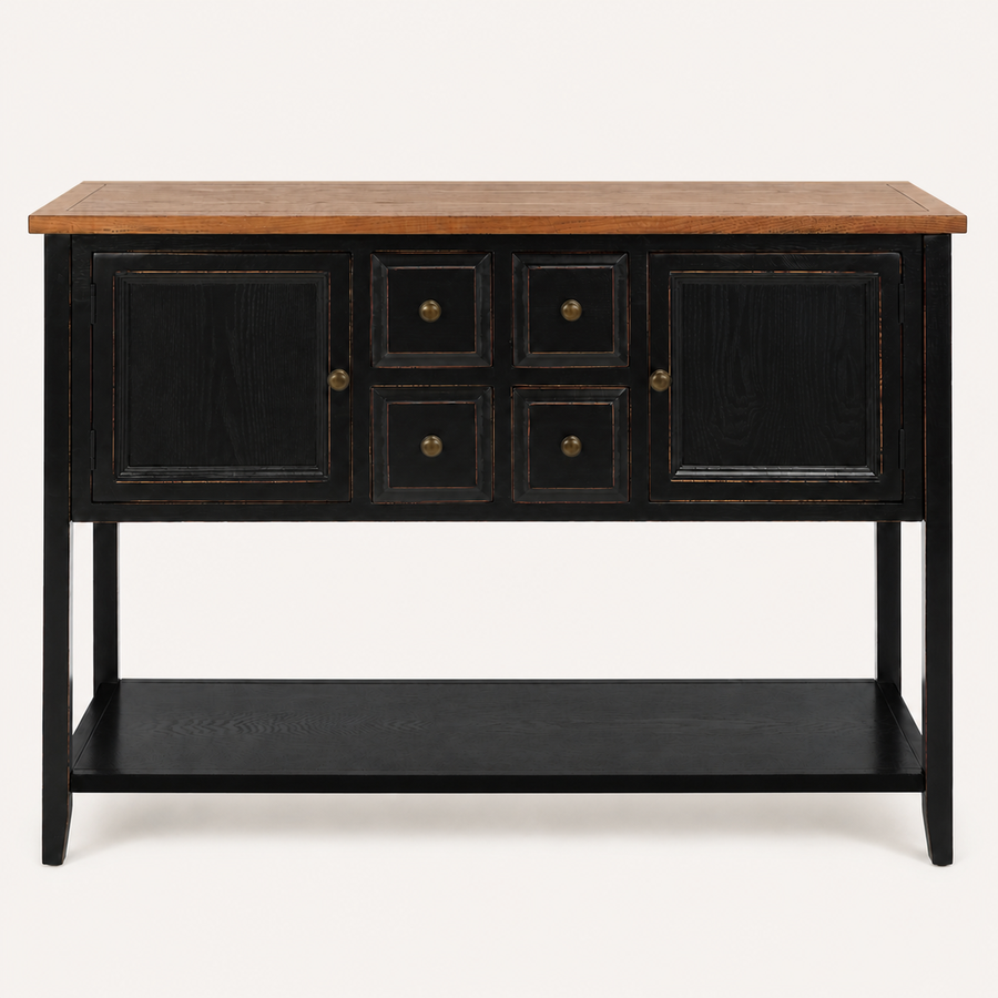 Front | front studio view of the black console with natural brown wood top, two doors, four drawers, and lower shelf