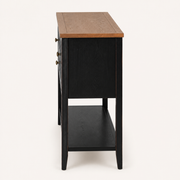 Side | right-side studio profile showing the console depth, black side panel, legs, and lower shelf