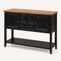 Studio | front-right studio view showing the console top, storage fronts, right side panel, legs, and lower shelf