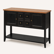 Studio | front-right studio view showing the console top, storage fronts, right side panel, legs, and lower shelf