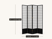 Dimensions | 84-inch overall height and four 17-inch panels shown on the black folding divider